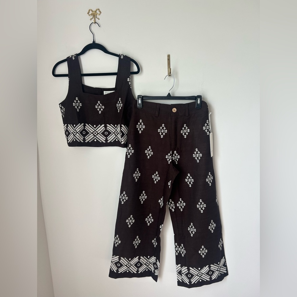 Brown Embroidered crop tank top and wide leg pant linen blend two piece set